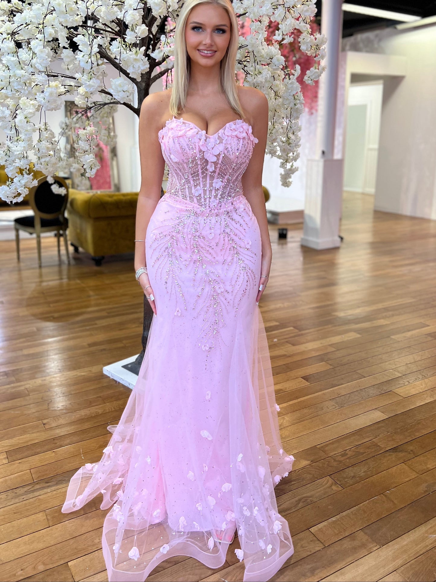 Pink Sweetheart Appliques Mermaid Floor Length Prom Dres