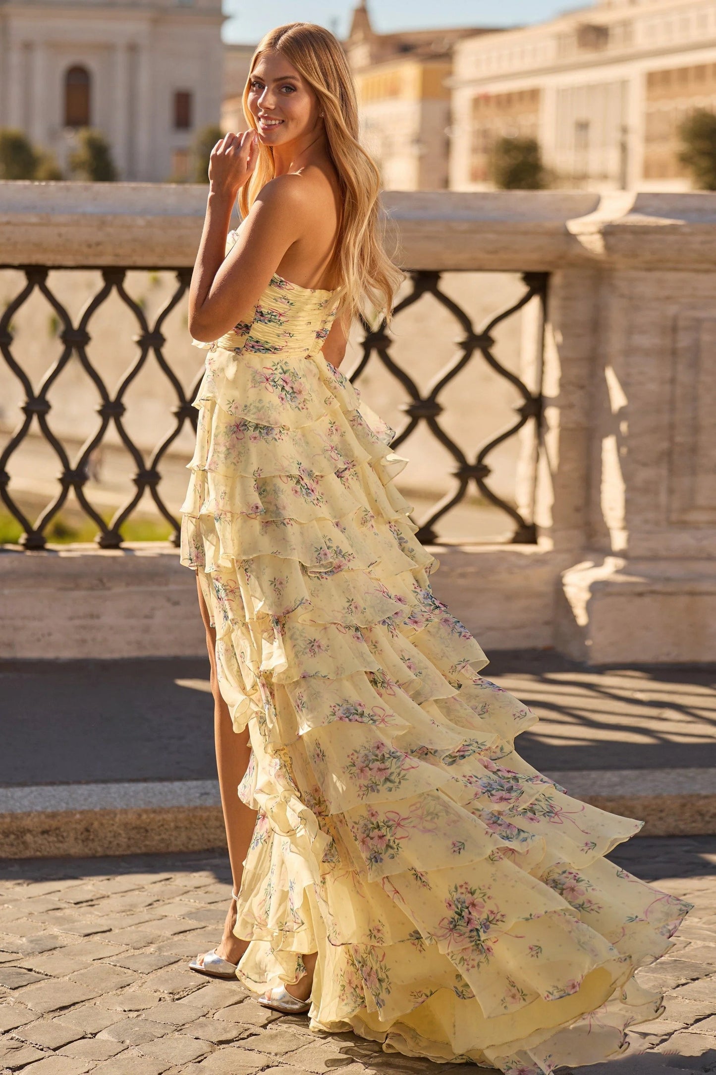 Sweetheart Yellow Flowers Floral Print A-Line Tassel Side Slit Prom Dress