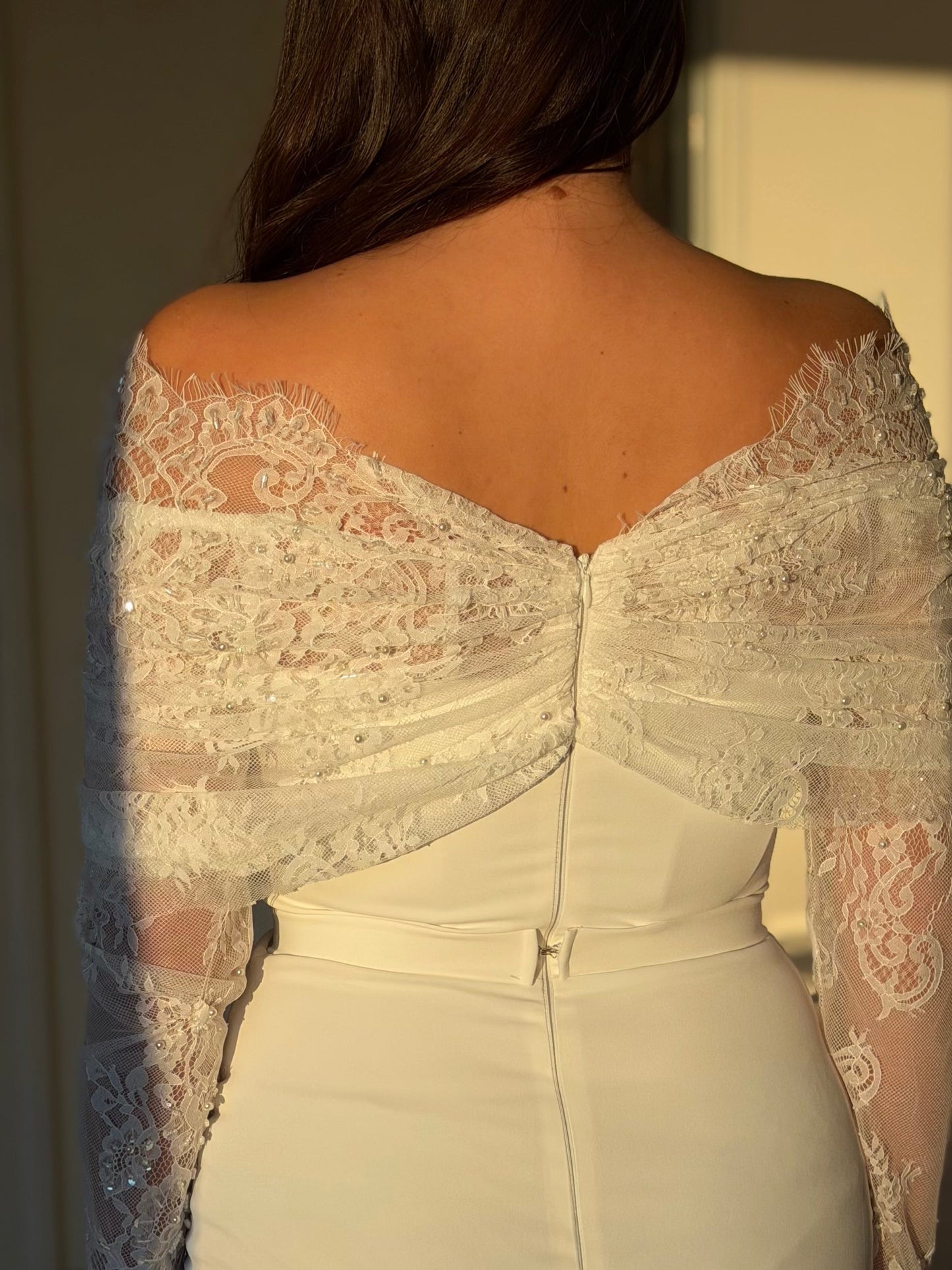 Asymmetrical Neck Long Sleeves Back Zipper Wedding Dress