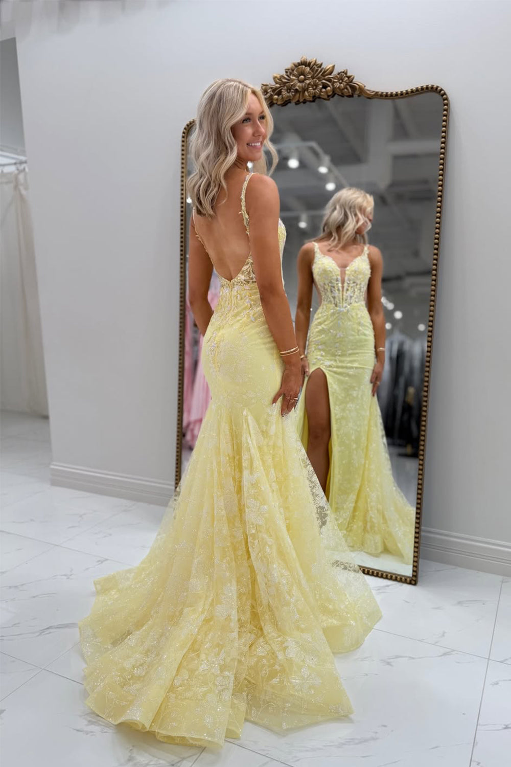 Cute Mermaid V Neck Daffodil Lace Long Prom Dress