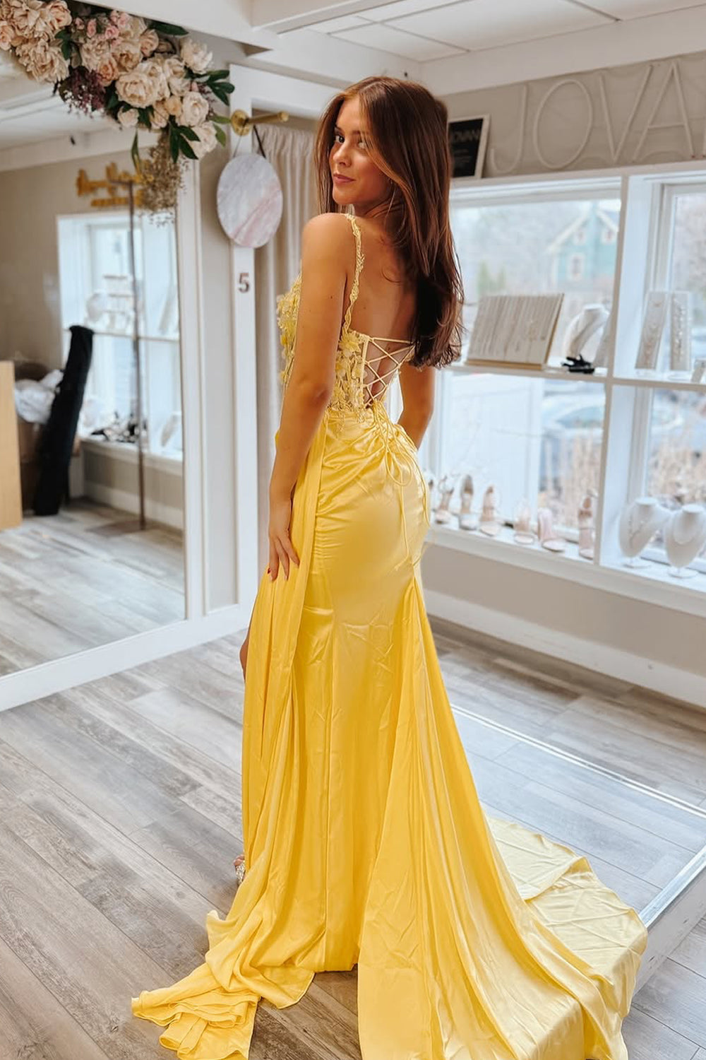 Cute Sheath Sweetheart Yellow Satin Prom Dress with Slit