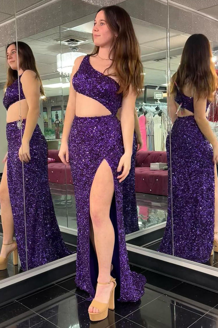Mermaid One Shoulder Cutout Purple Sequins Long Prom Dress