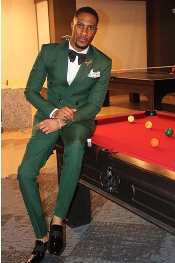 Stylish Peaked Lapel Slim Fit Prom Suit For Boy Handsome Party Dark Green 2 Pieces With Double Breasted Gentle
