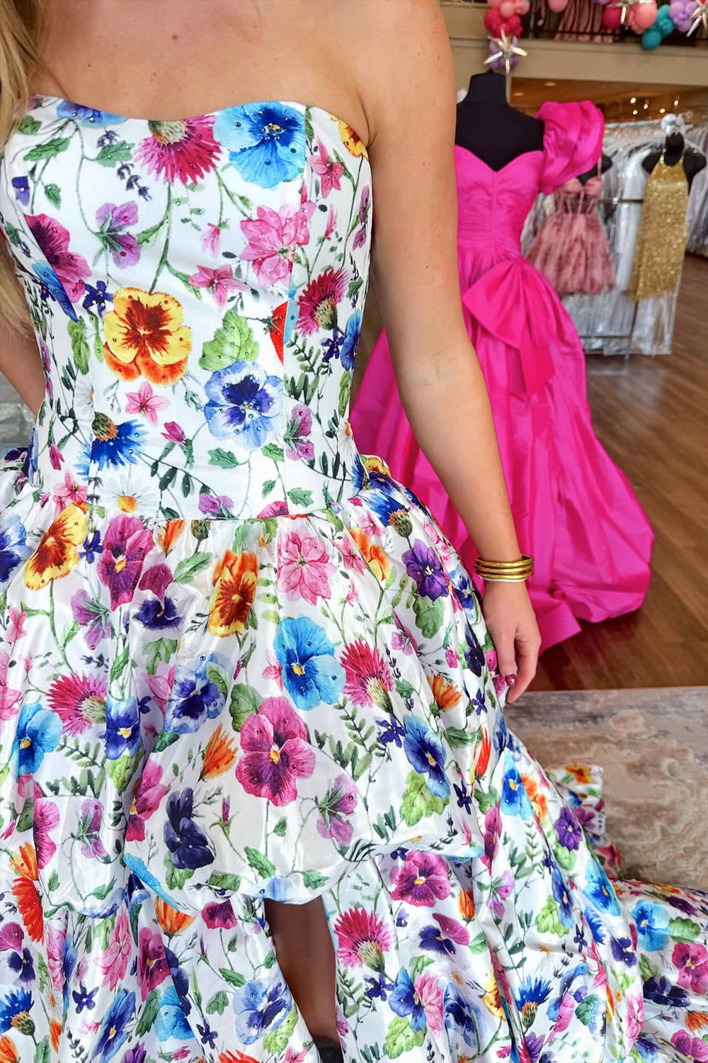 Tube Top Sleeveless Print-Satin Pleated High Slit Tiered A-Line Prom Dress