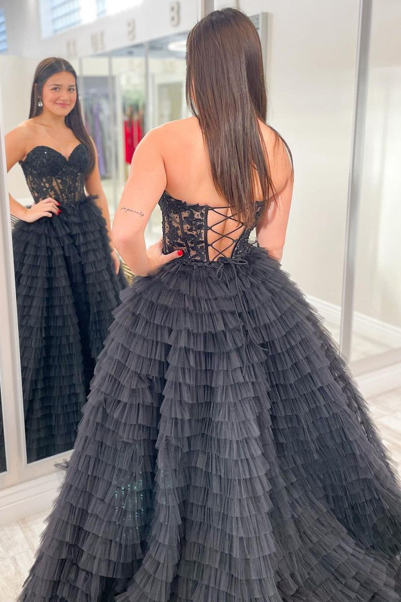 Strapless Black Ruffle Tiered Tulle Long Prom Dress