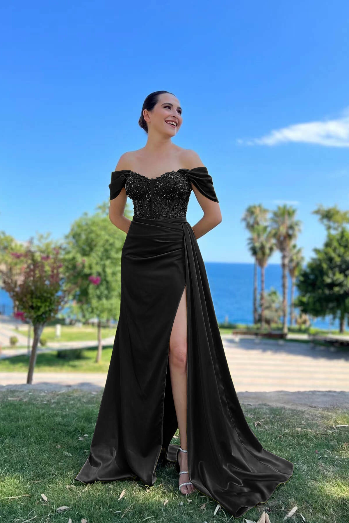 Off-the-Shoulder Front Split Mermaid Prom Dress with beads