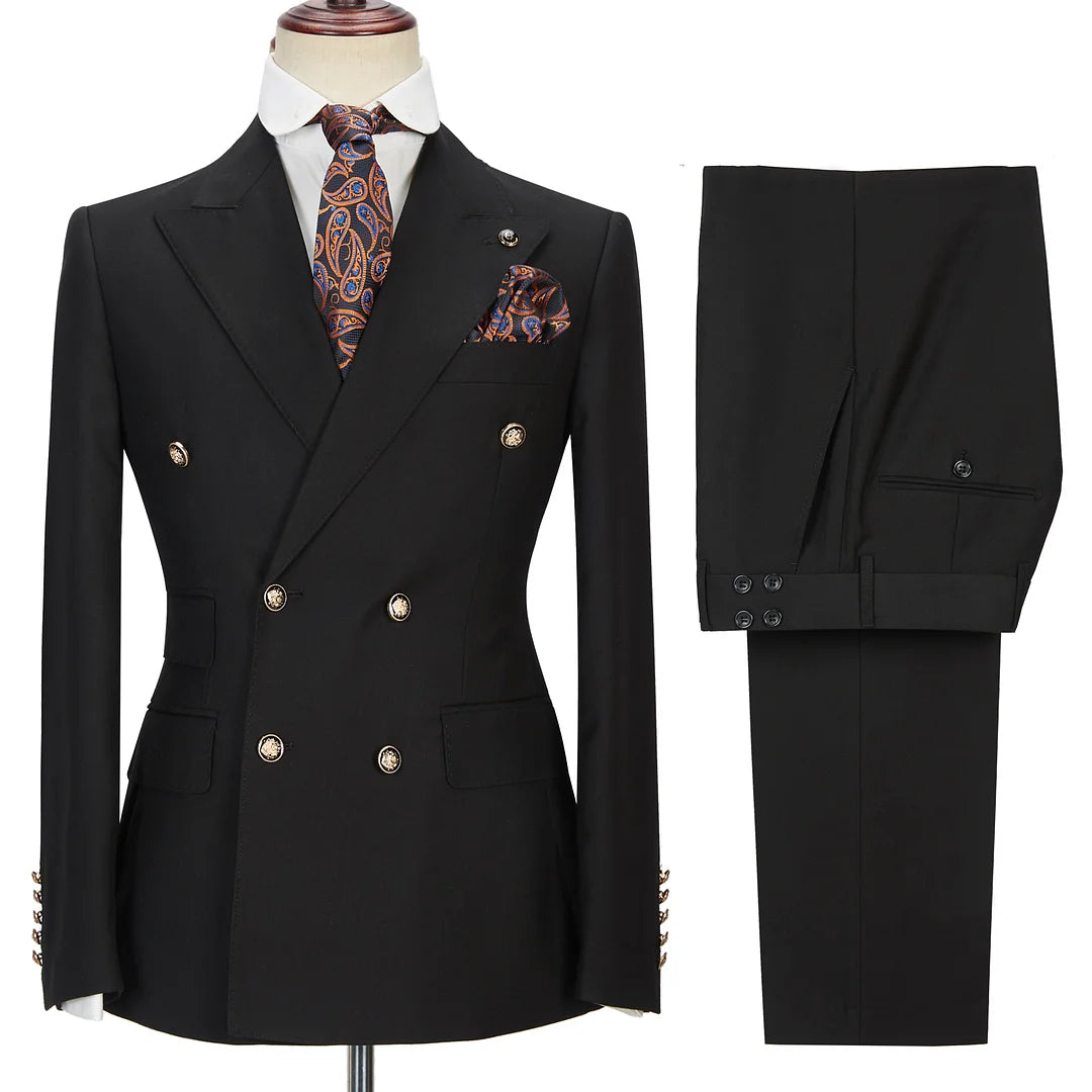 Handsome Black Wedding Suit For Groom Peak Lapel With Double Breasted Gentle