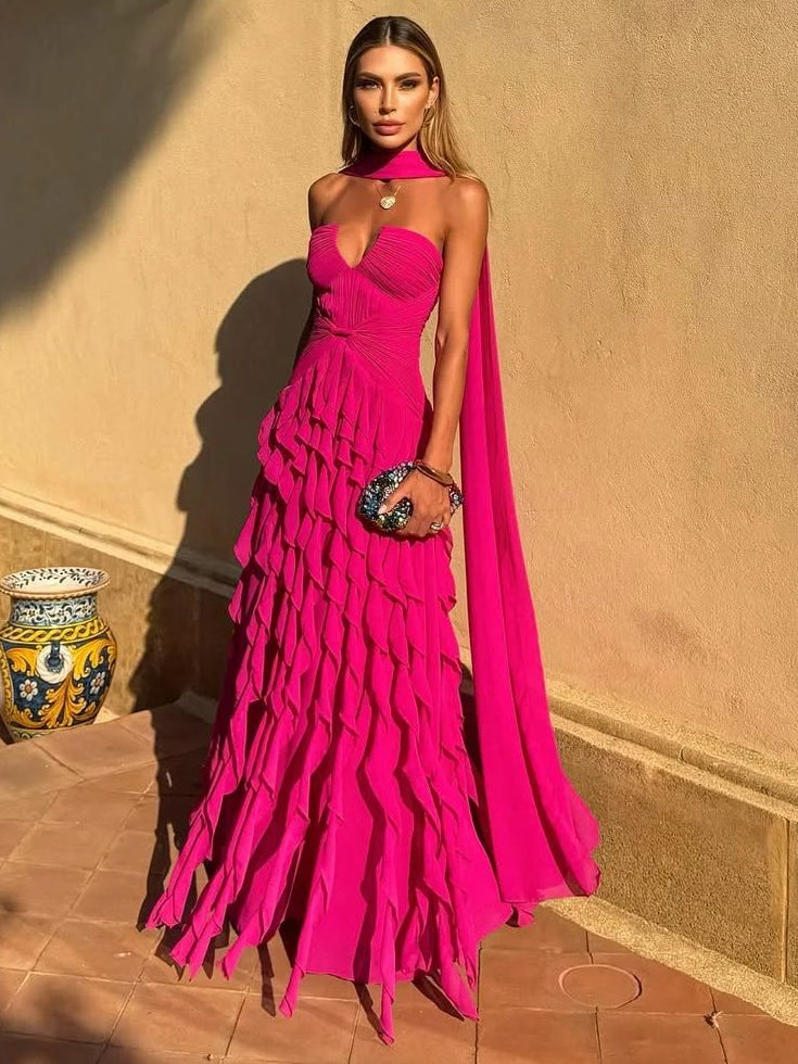 Fuchsia Straight Across Pleated Sleeveless Prom Dress