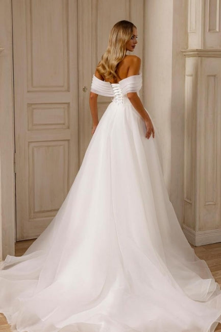 A Line Chiffon Tulle Off The Shoulder Sleeveless White Wedding Dress Bridal Gown With Split Front