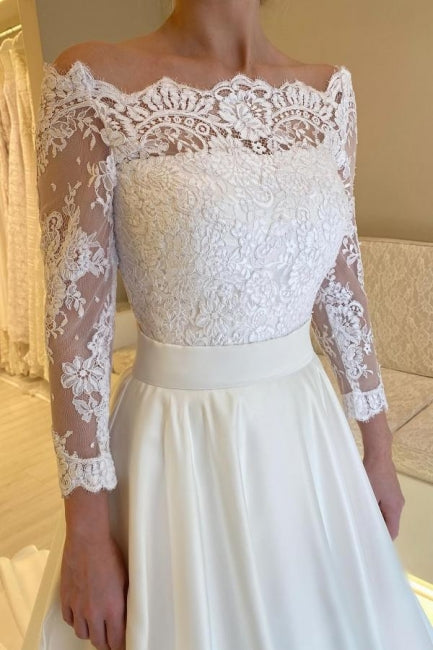 A Line Satin Lace Sleeve White Wedding Dress Bridal Gown With Appliques