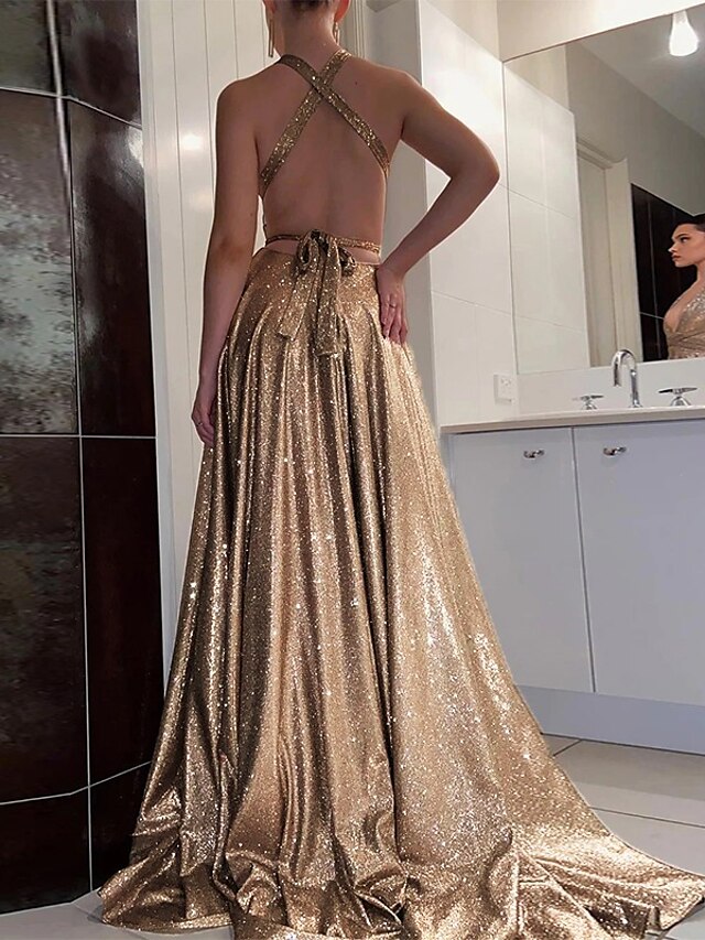 Halter Evening Dresses Sequins Sleeveless Floor-length Prom Party Dress