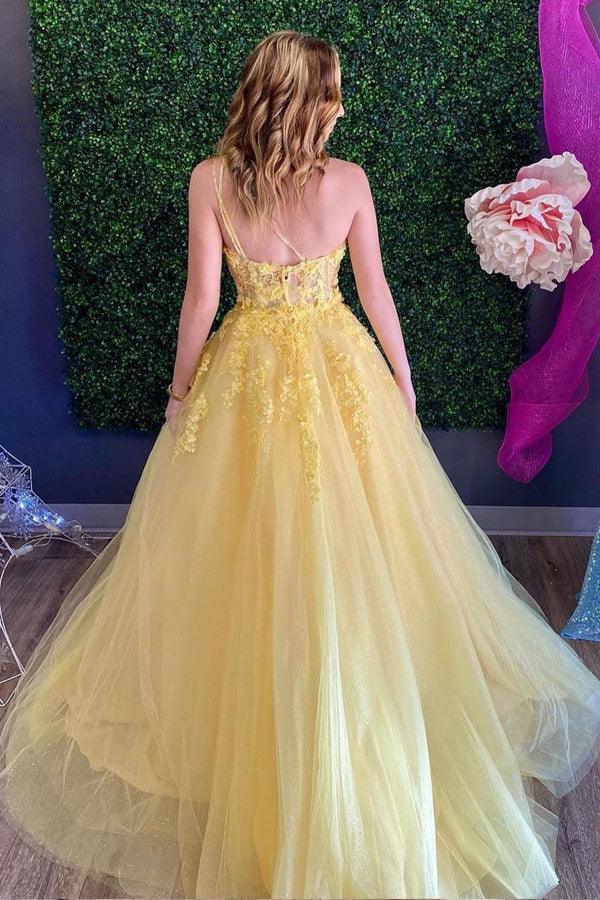 A-line One Shoulder Tulle Sleeveless Yellow Long Prom Dress