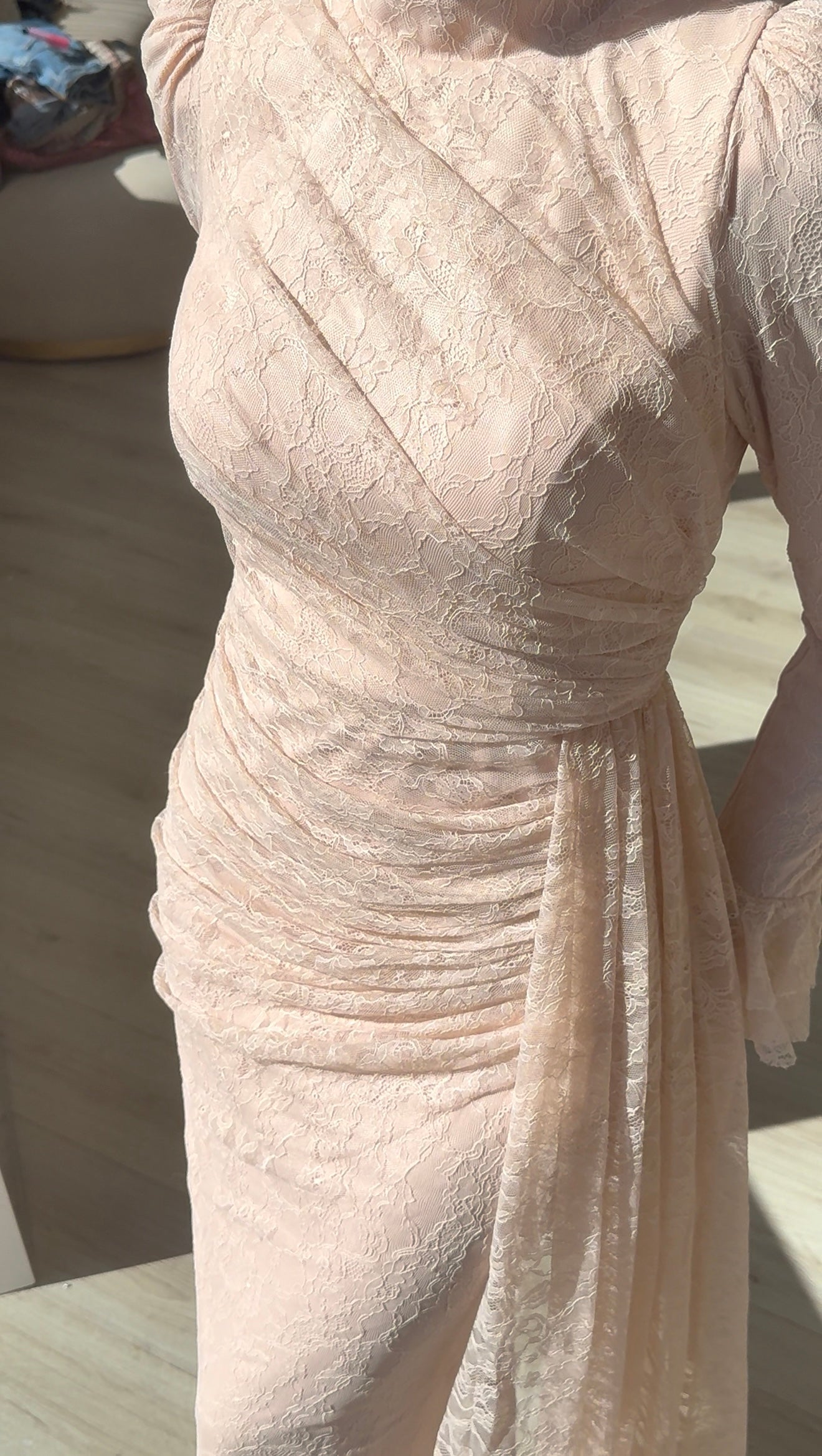 Pink Sheath Ruched Long Sleeves Lace Formal Evening Gown