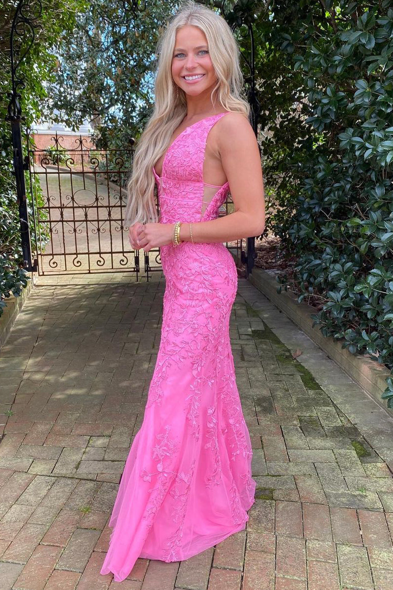 Charming Mermaid V Neck Hot Pink Lace Long Prom Dress