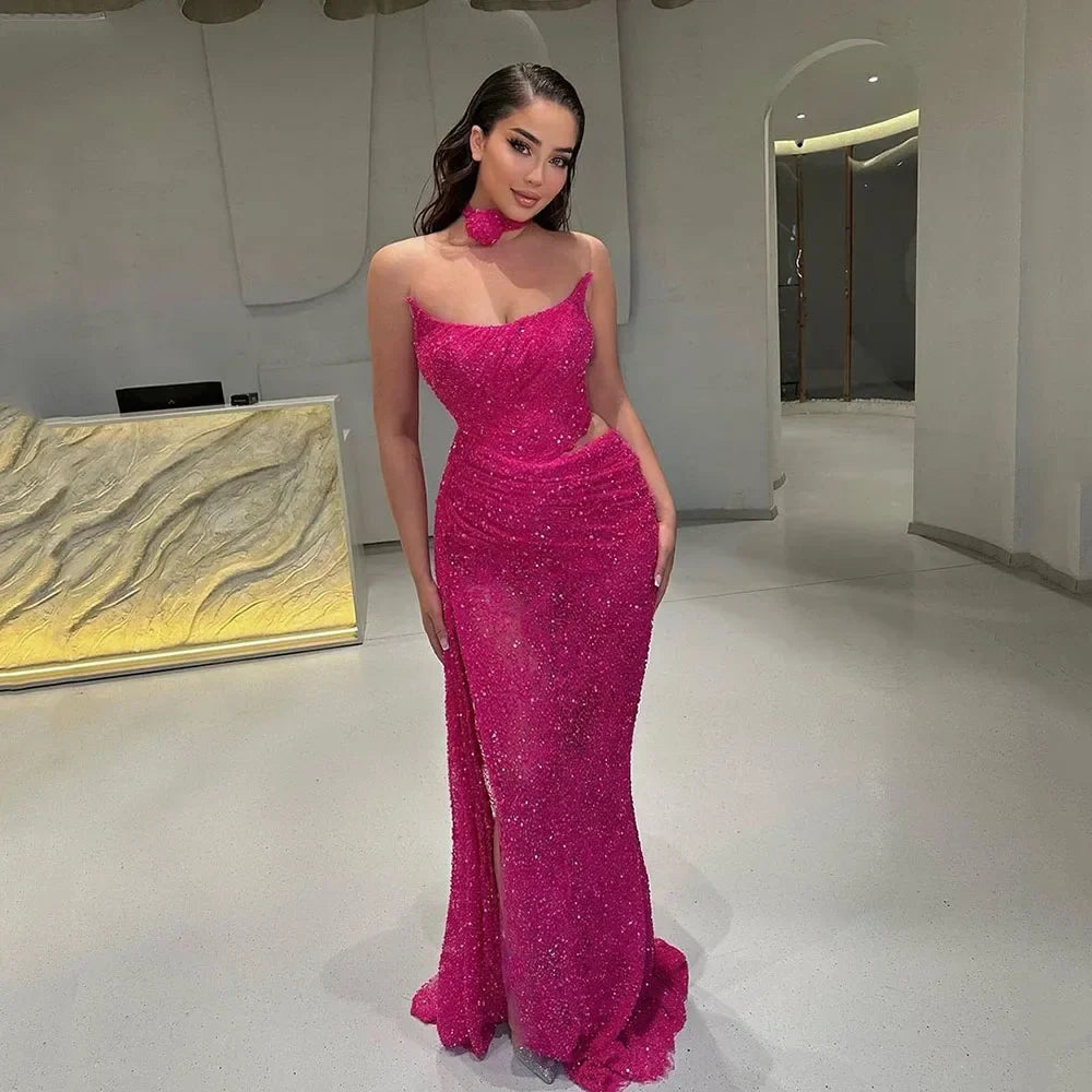 Strapless Sexy Special Slit Dress Sequins Hot Pink Party Gowns