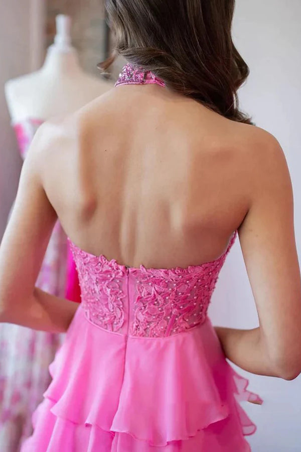 A Line Halter Neck Beaded Lace Long Pink Prom Dress