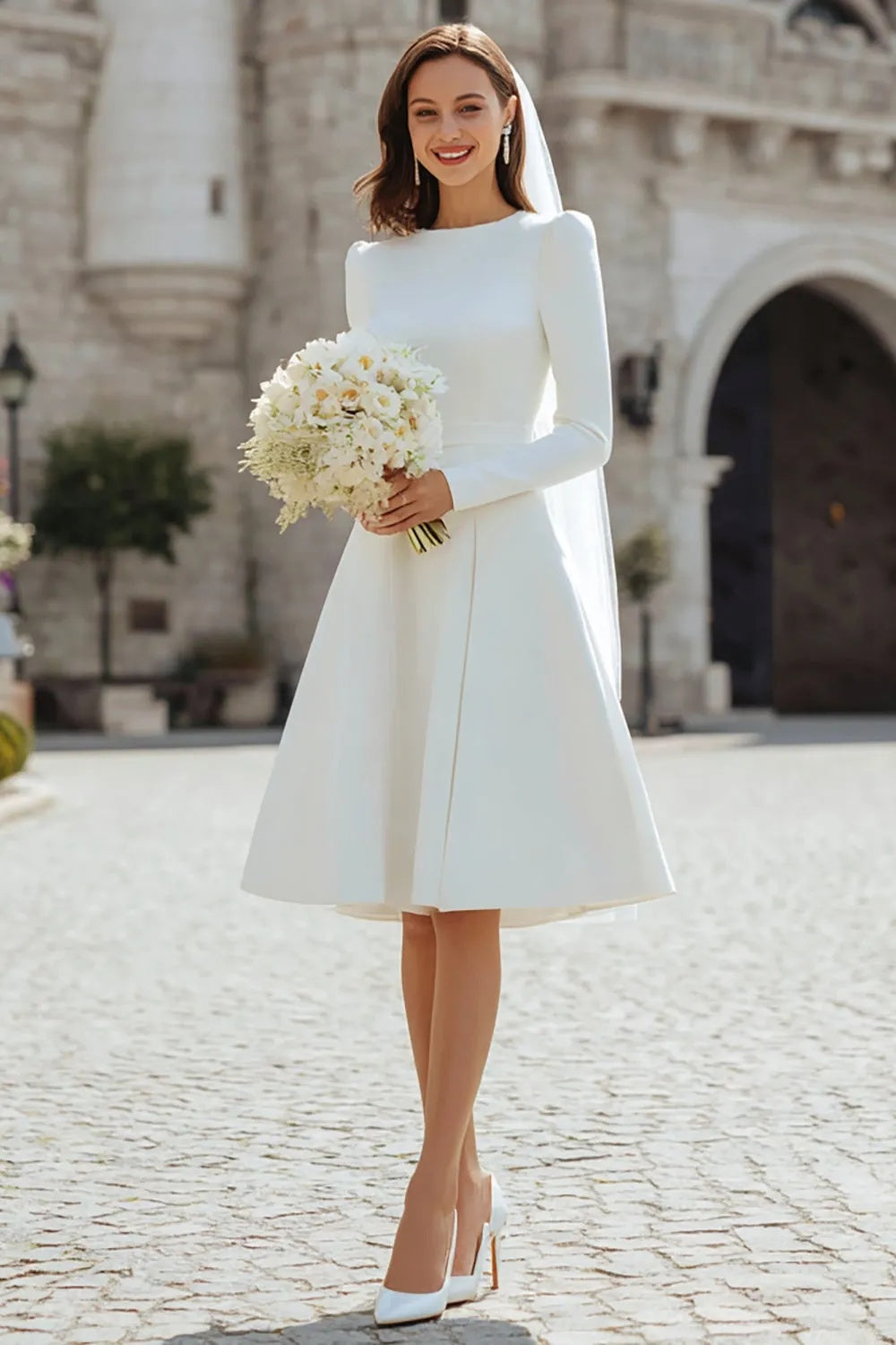 A Line Long Sleeve Wedding Dress Crew Neck Satin Tea Length Bridal Gown