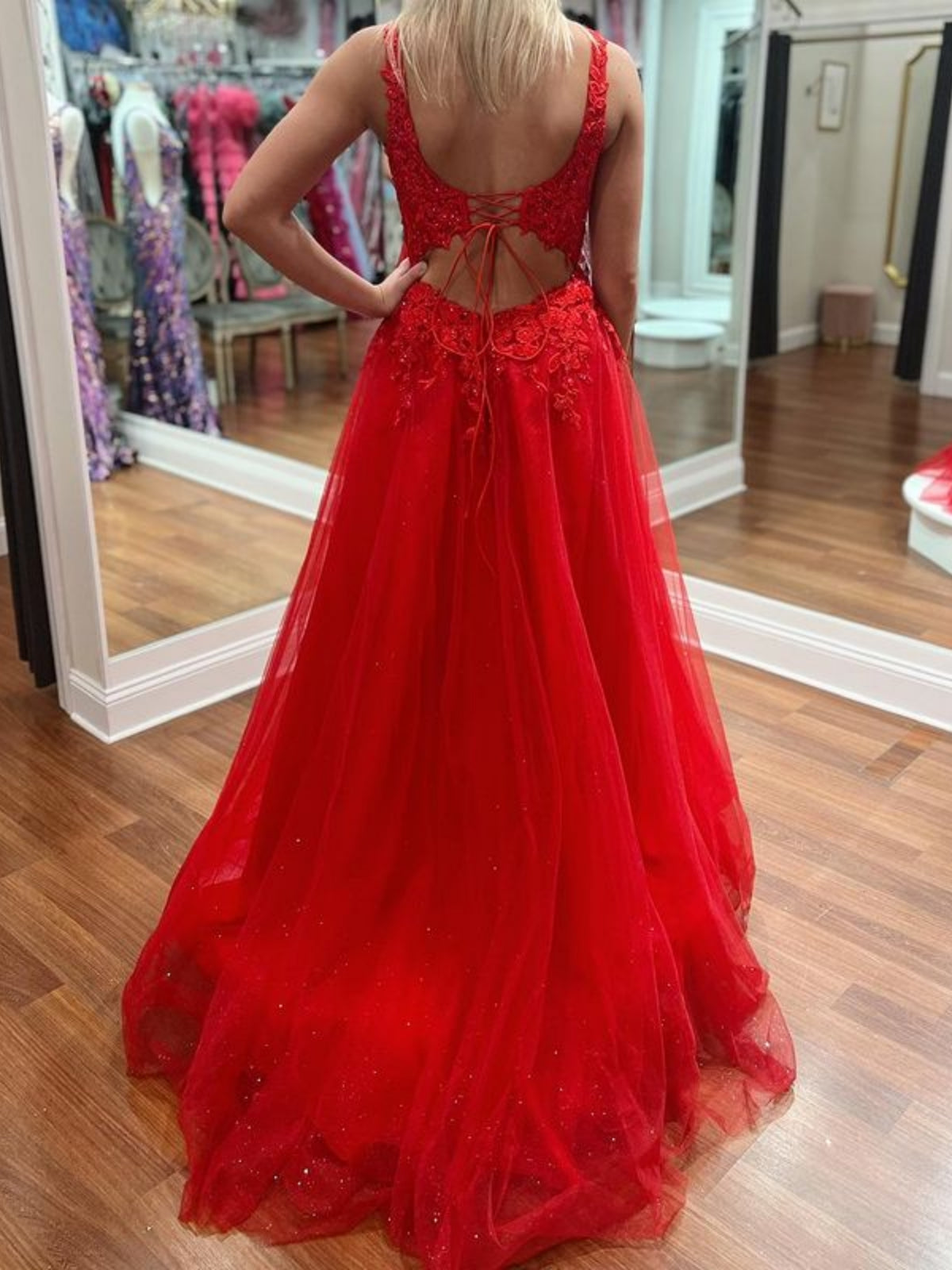 A Line Open Back Red Lace Long Prom Dress