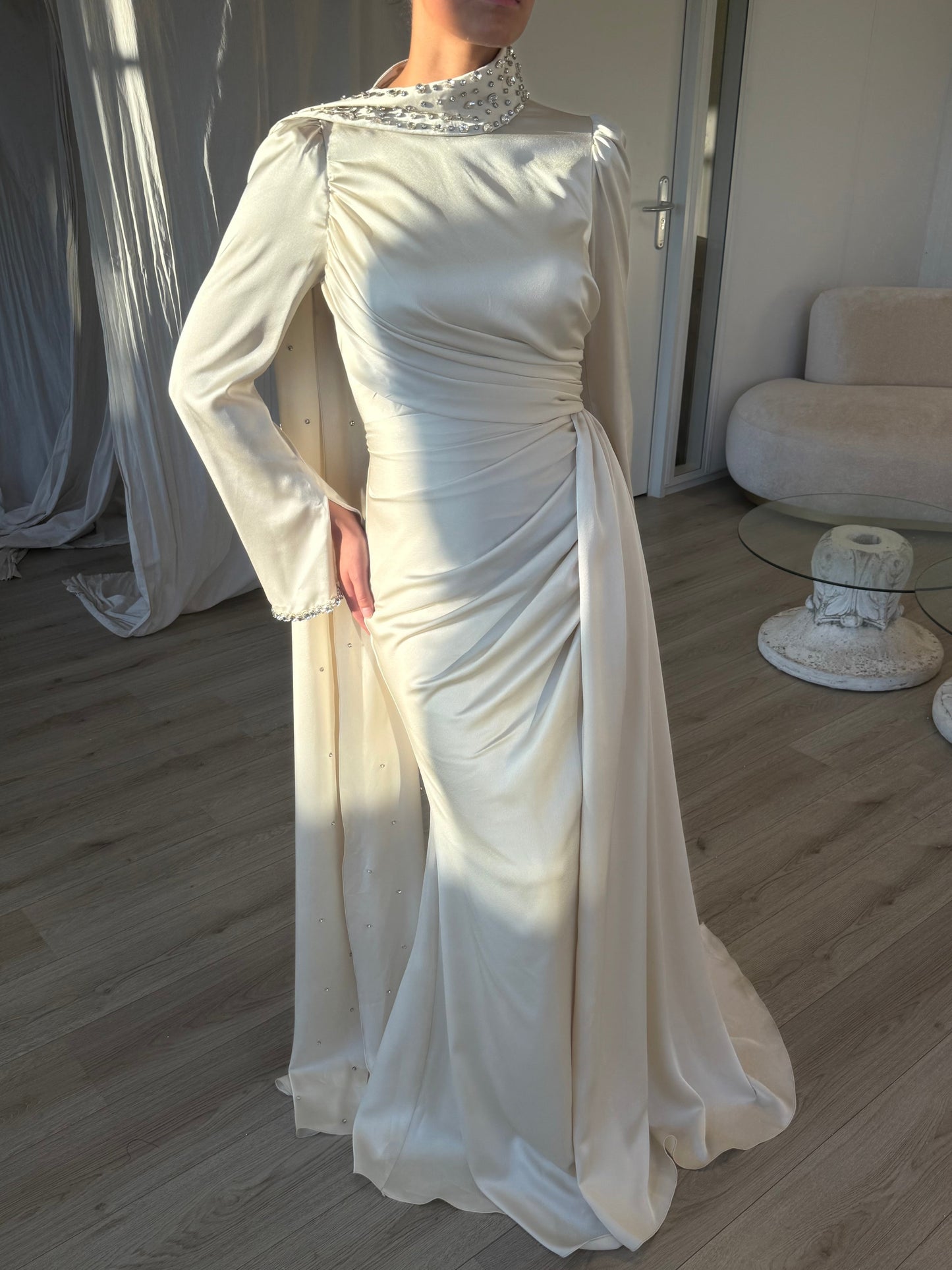 Beige Beaded High Neck Long Sleeves Ruched Sheath Evening Dress