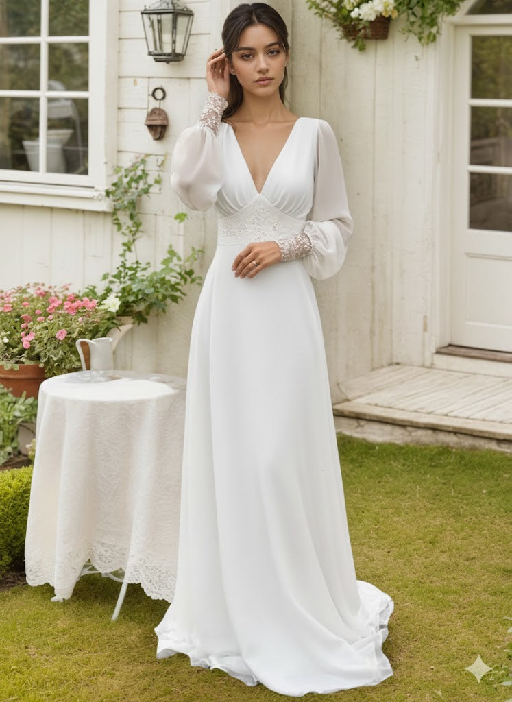 Long Sleeves Wedding Dresses V Neck Backless Bridal Dress