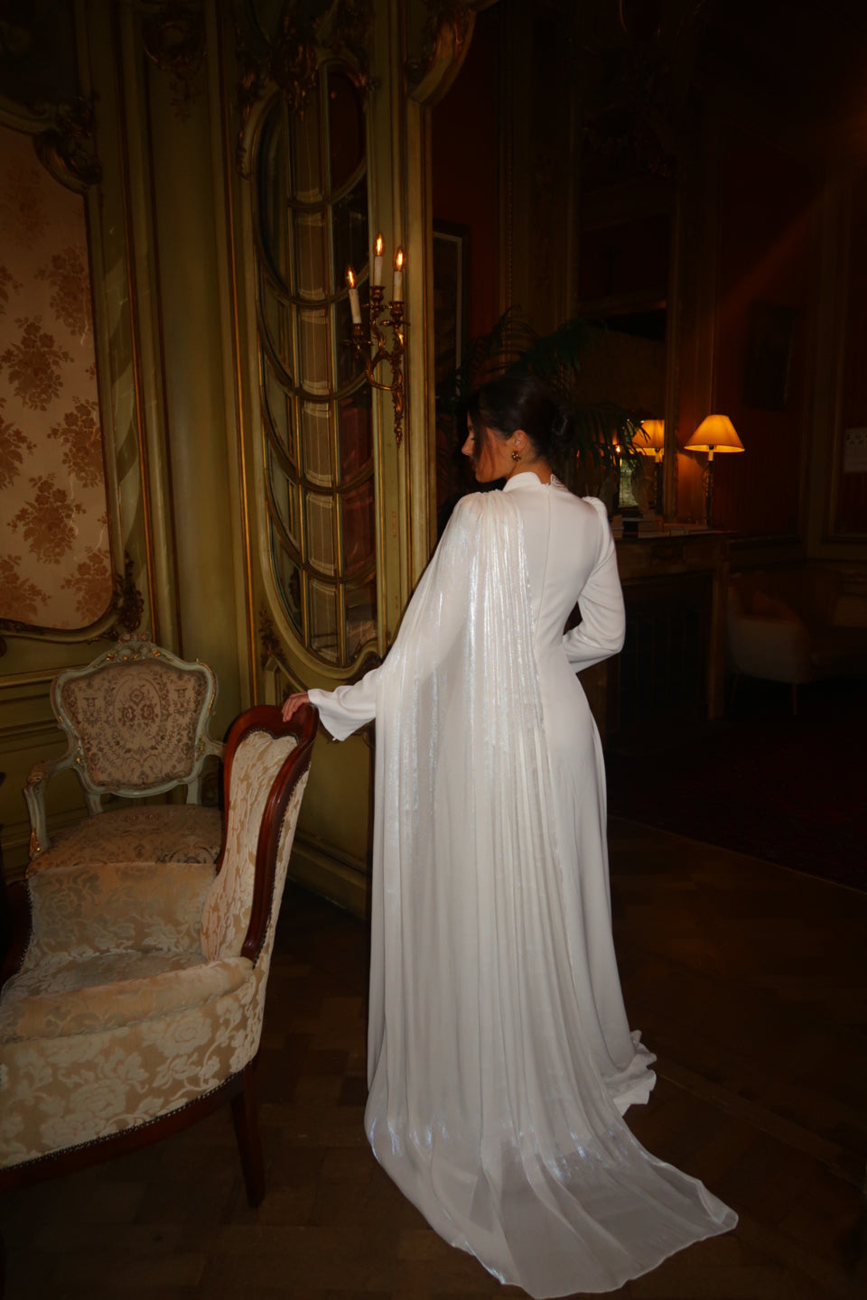 White High Neck Beaded Long Sleeves Ruched Side Train Evening Dress