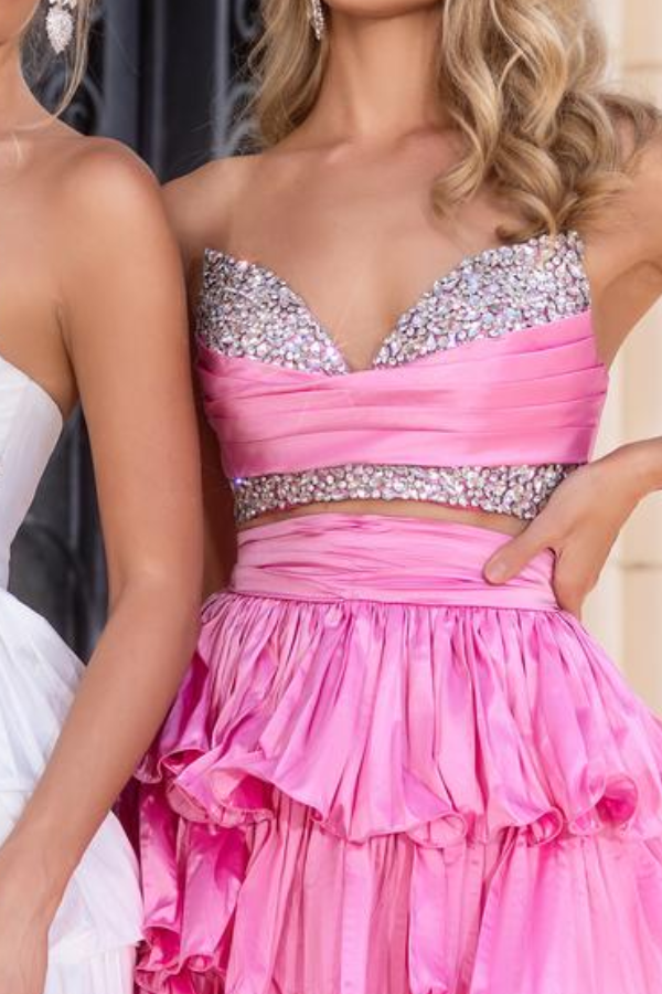 Beaded Strapless Satin A-Line Two Piece Tiered Prom Dress