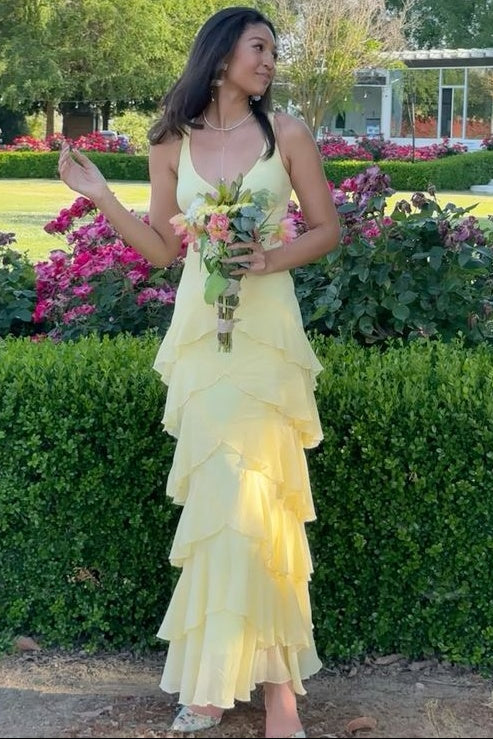 Beautiful A Line V Neck Yellow Long Prom Dress with Ruffles