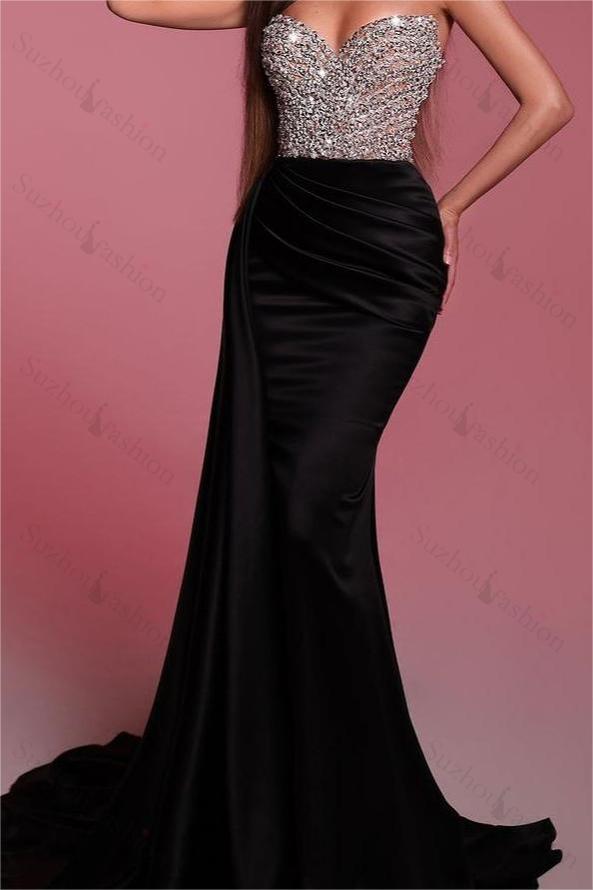 Black Prom Dress Strapless Sleeveless Pleated Mermaid Evening Formal Dress