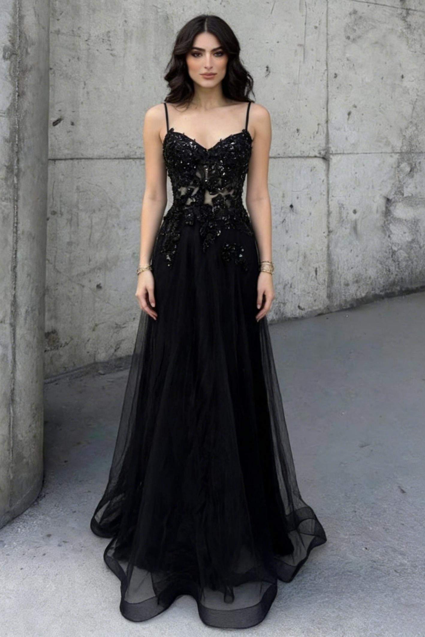 Charming A Line Spaghetti Straps Black Beaded Prom Dress