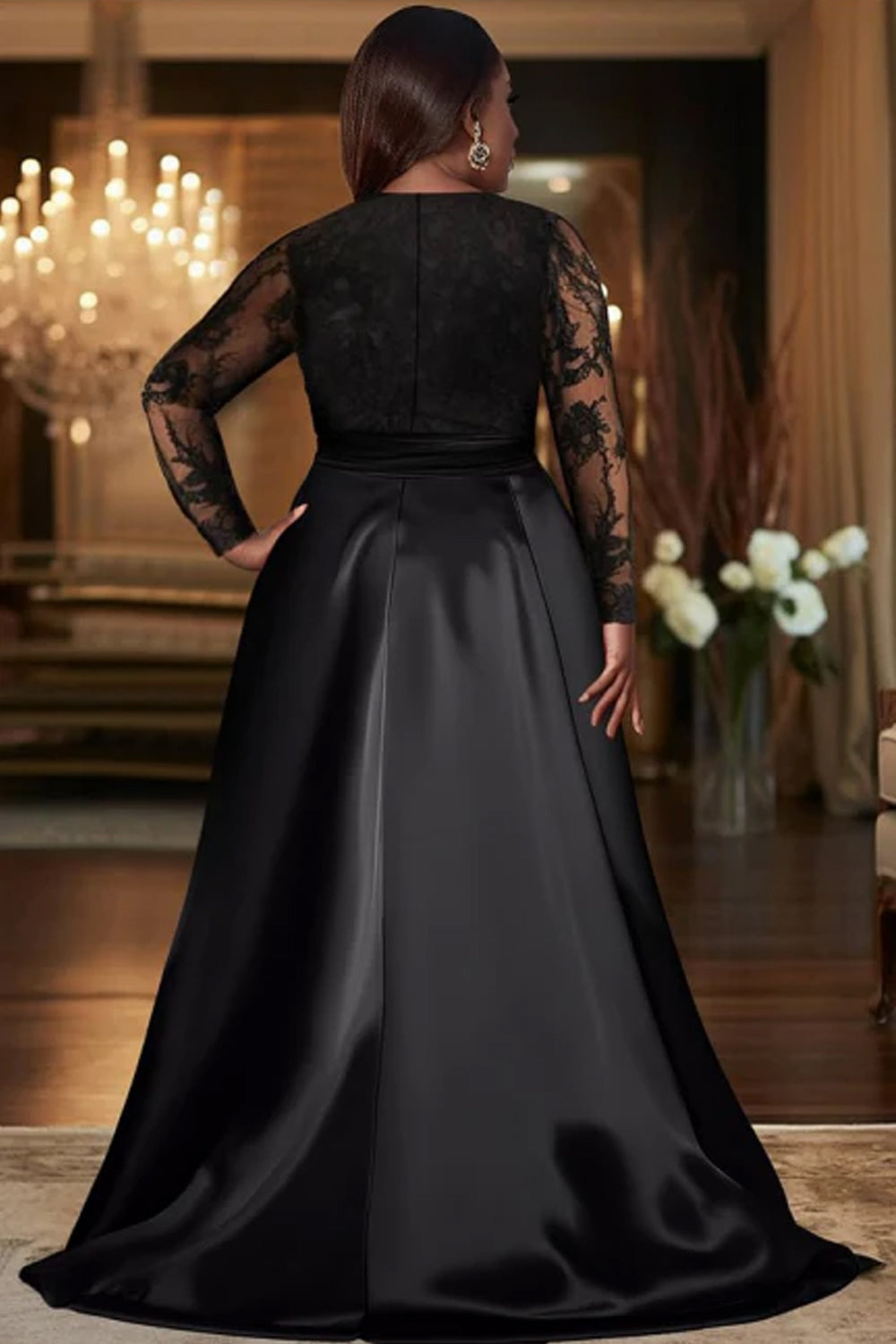 Black Lace Long Sleeves V-neck Sheath With Front Slit Formal Dress