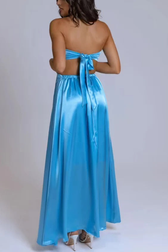 Blue Backless A-Line Strapless Scoop Pleats Satin Long Prom Dress
