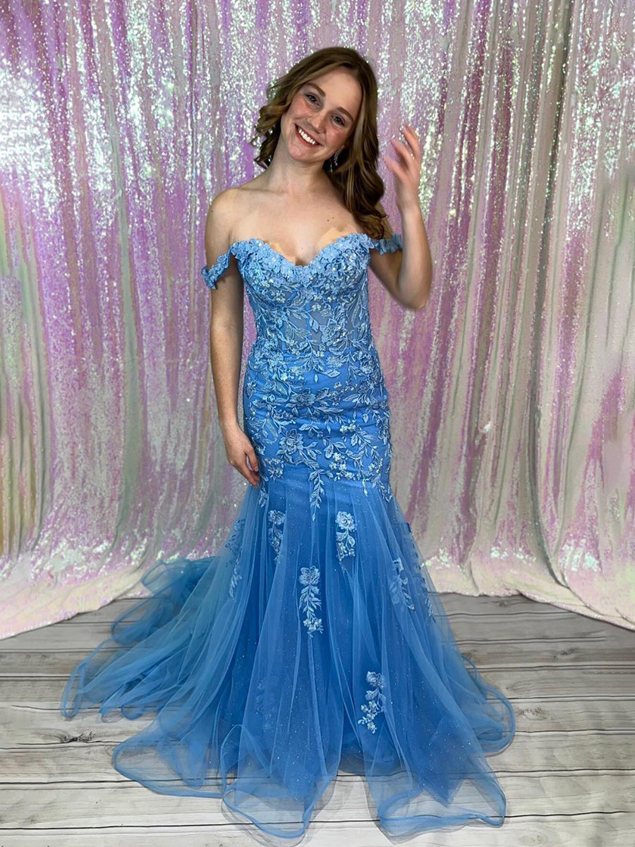 Blue Off-the-Shoulder Floral Lace Mermaid Long Prom Dress