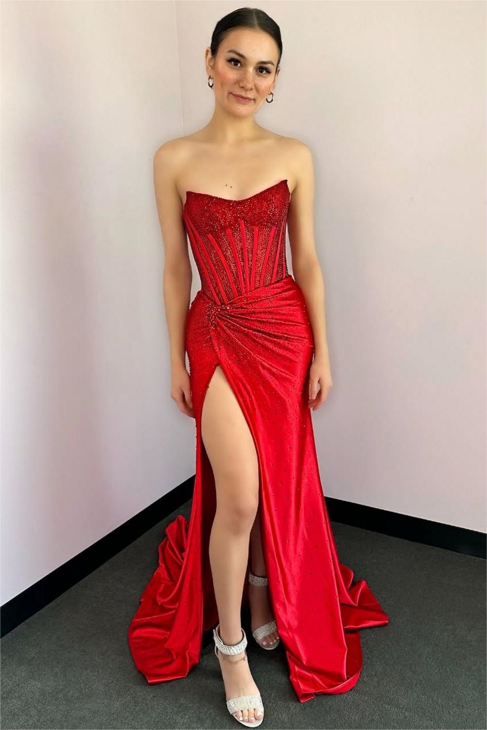 Corset Long Beaded Prom Dress With Rhinestone Formal Evening Gown