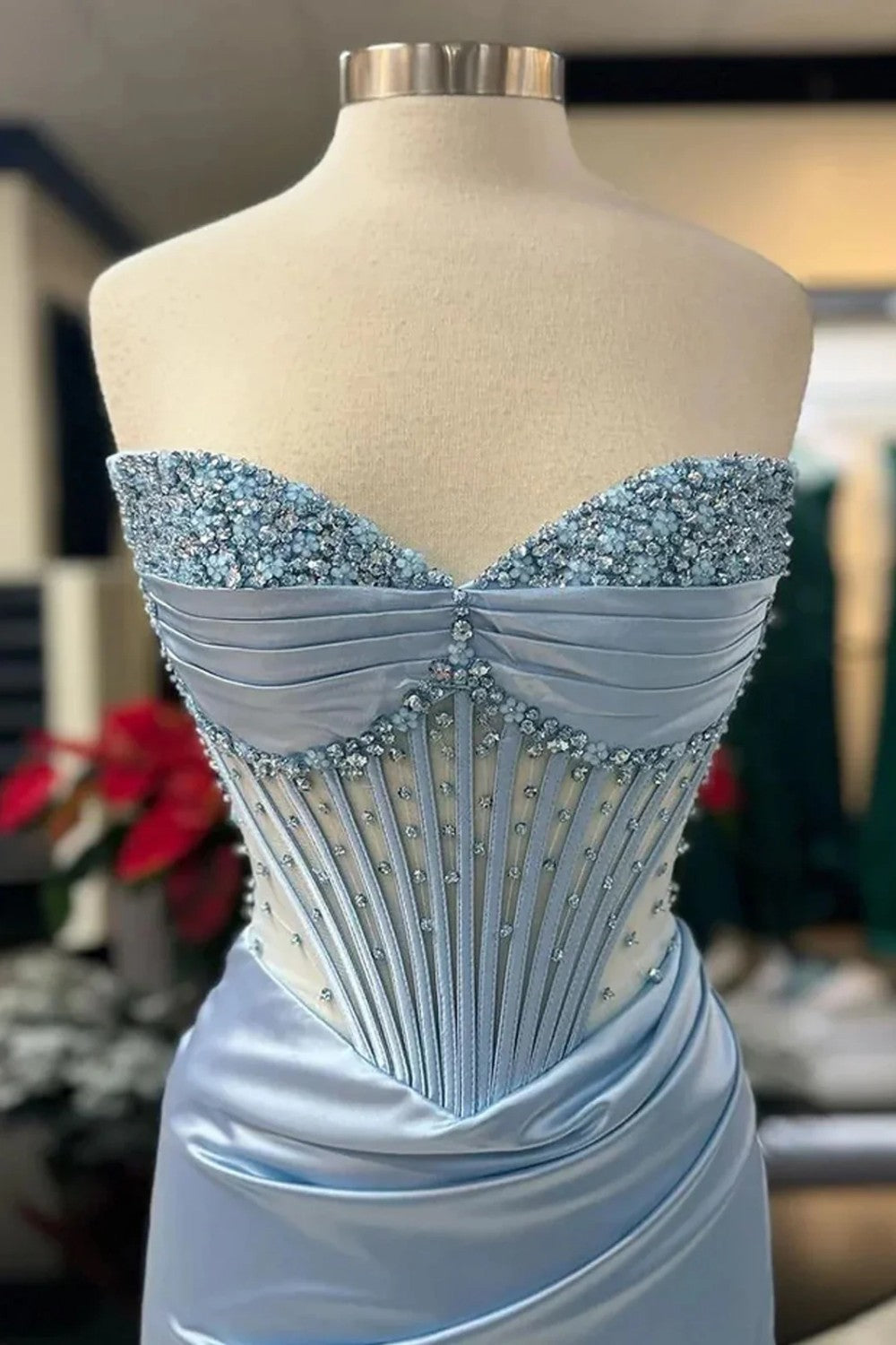 Blush Pink Strapless Beaded Corset Satin Mermaid Prom Dress