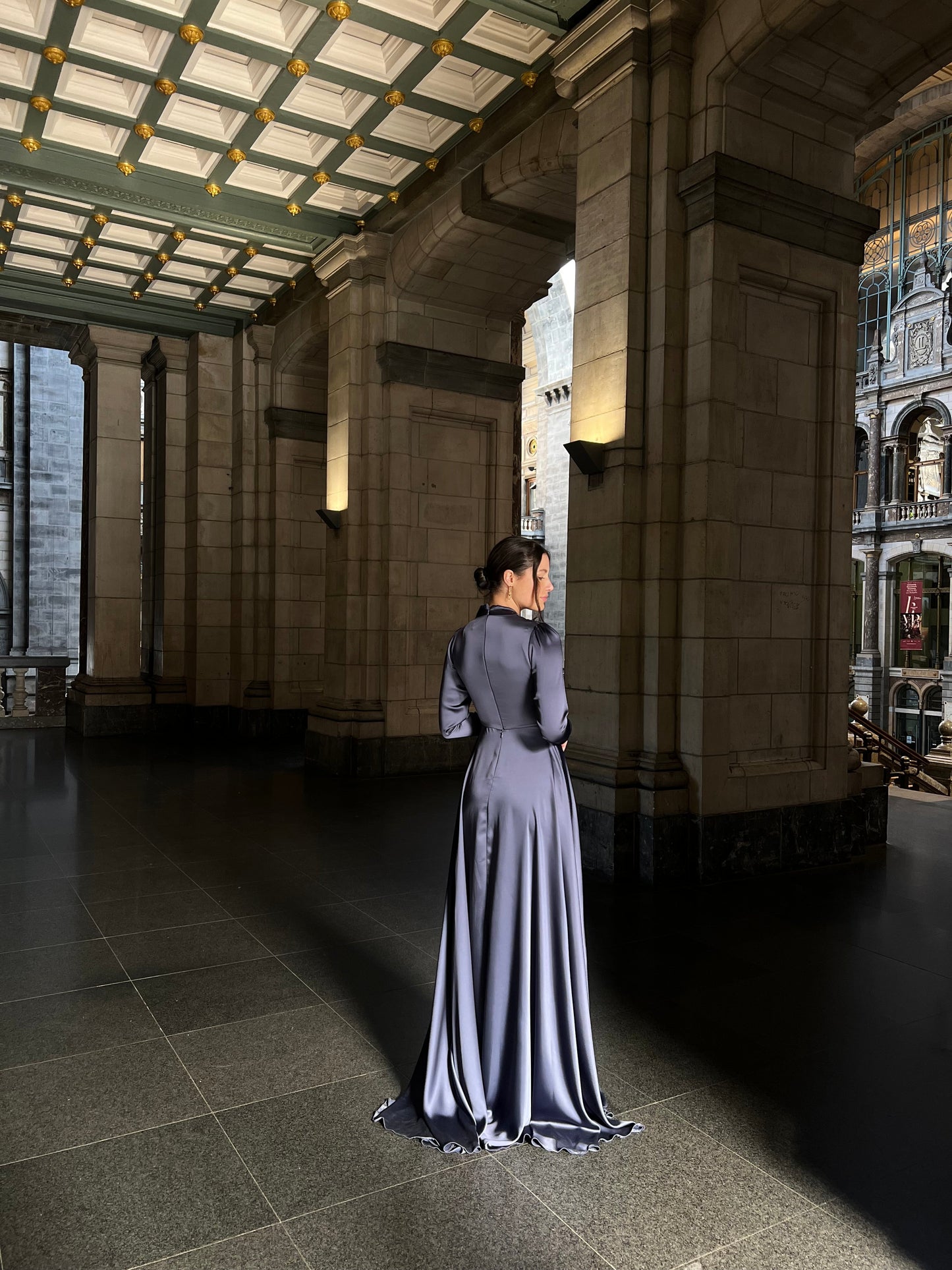 Dusty Blue Beaded Ruched Long Sleeves Evening Dress with Train