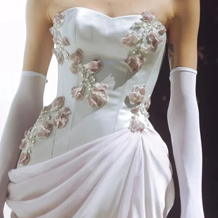 Sweetheart Floral Embellished Prom Dress Pleated Chiffon High Slit Evening Gowns