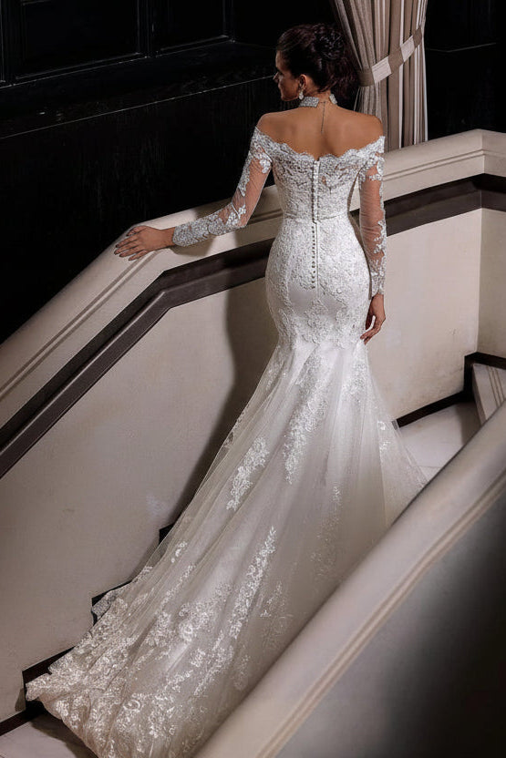 Charming Long White Mermaid Off-the-shoulder Lace Wedding Dress