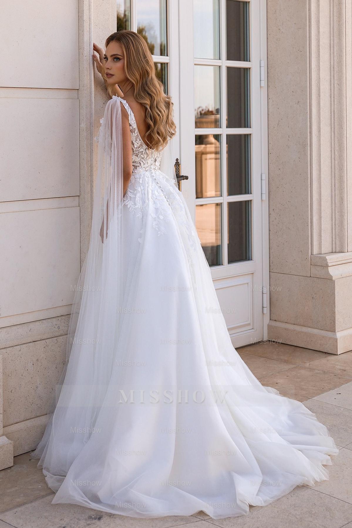 Chic White A-Line Spaghetti Strap V-Neck Cap Sleeves Long Tulle Wedding Dress