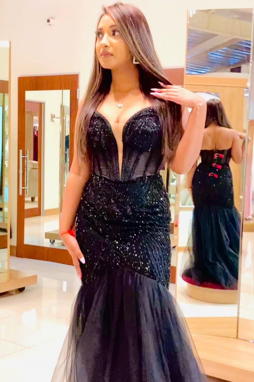 Classic Black Sequin Deep V Neck Mermaid Prom Dress