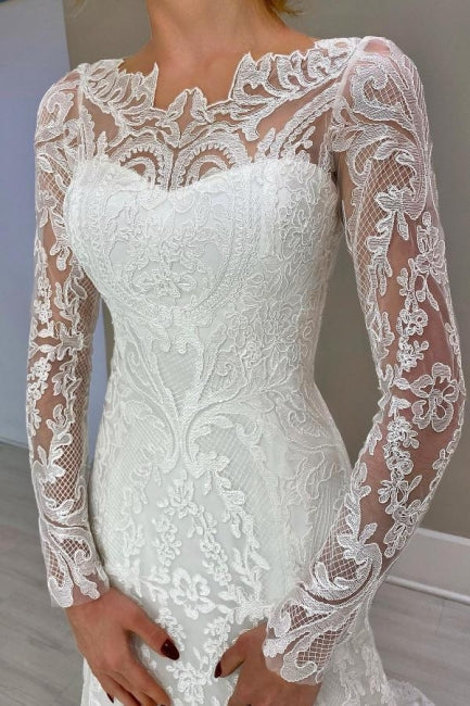 Column Lace Sleeve White Wedding Dress Bridal Gown With Appliques