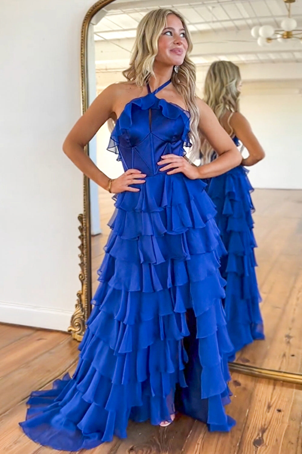 Cute Royal Blue A-Line Halter Neck Long Tiered Prom Dress