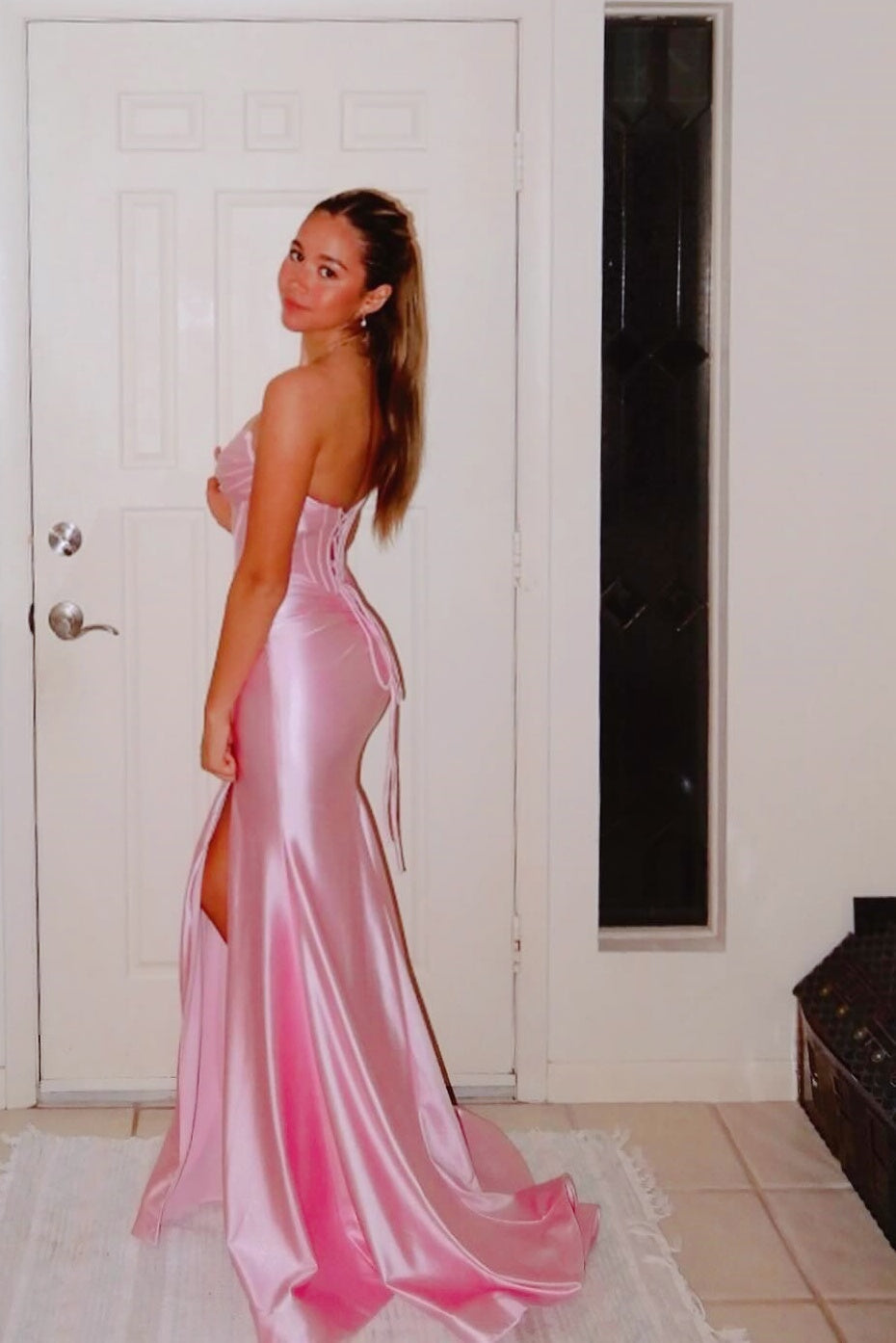 V-neck Side Slit Mermaid Pink Long Dress
