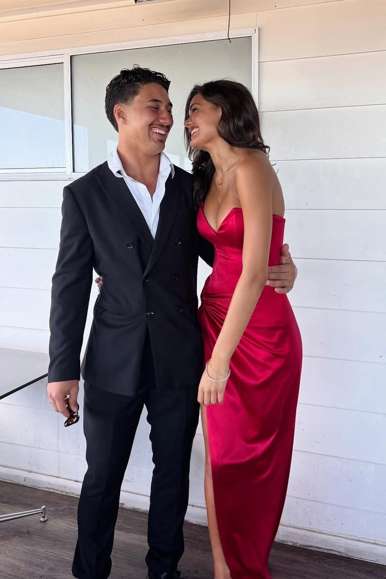 Red Fitted Satin Side Slit Long Dress