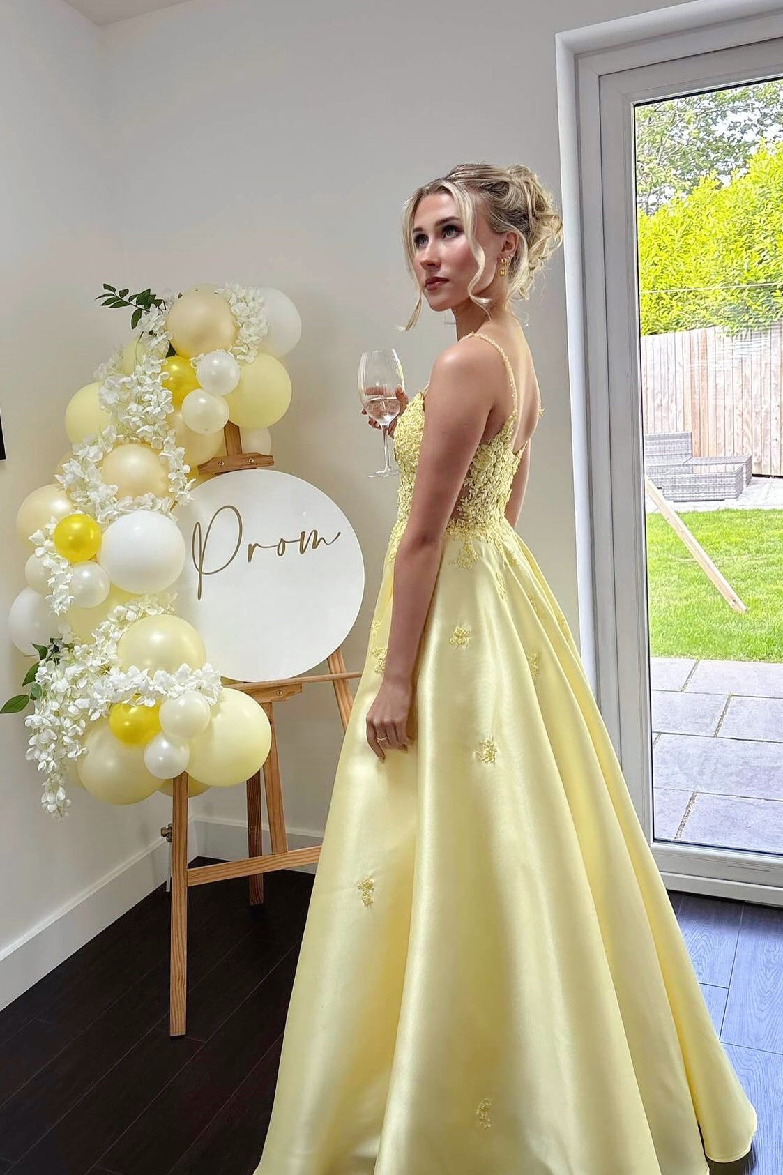 Yellow A-Line Spaghetti Strap V-Neck Long Dress