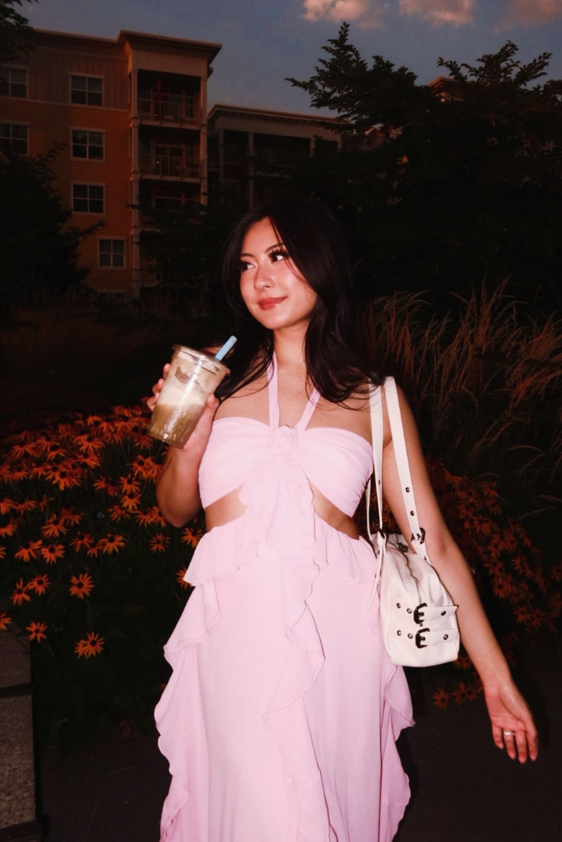 Haze Blue Halter A-Line 3D Floral Ruffle Dress