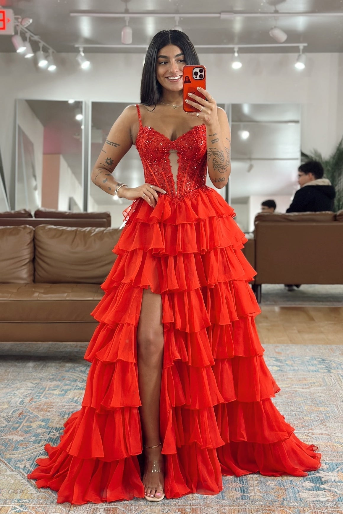 Red Spaghetti-Strap Ruffled Cut-Out A-Line Dress