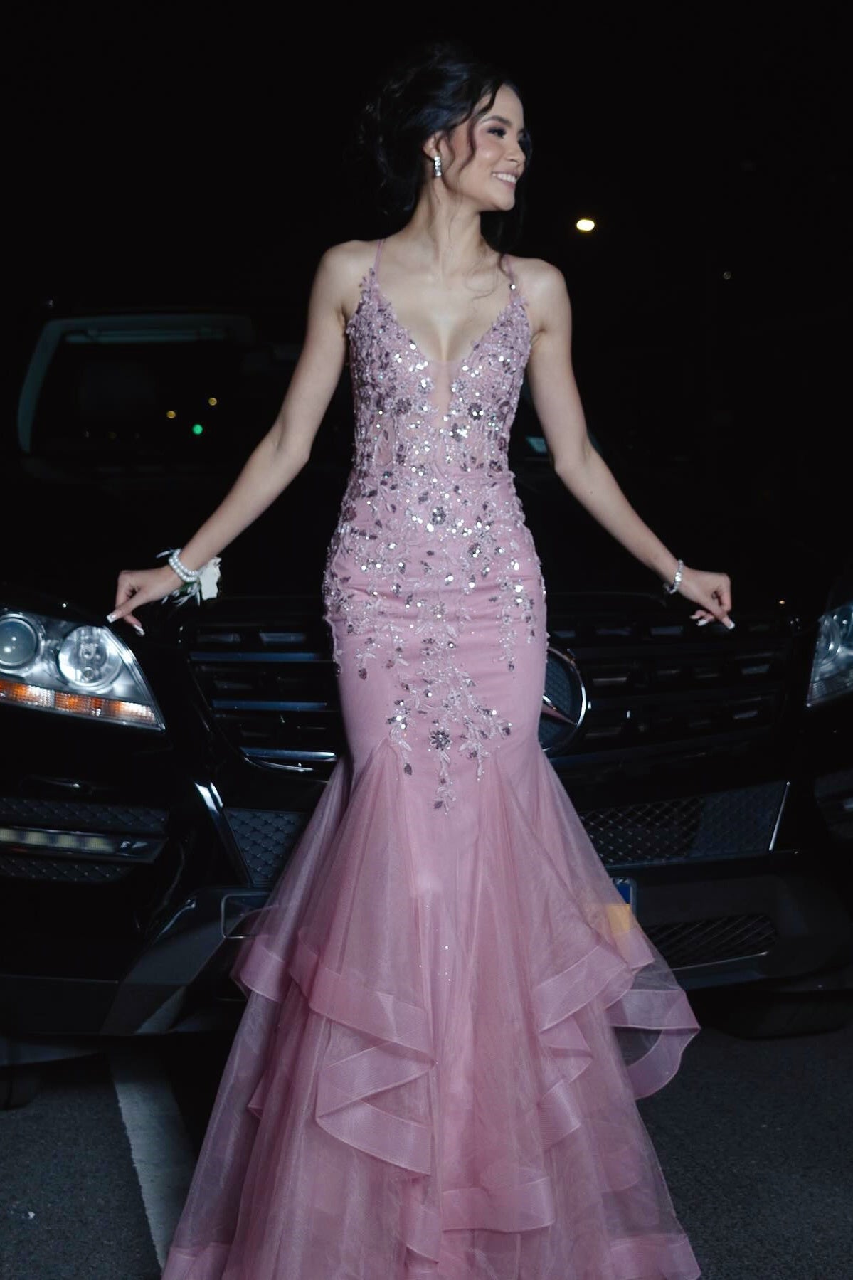 Pink Sequins Spaghetti Straps V-neck Mermaid Prom Dress