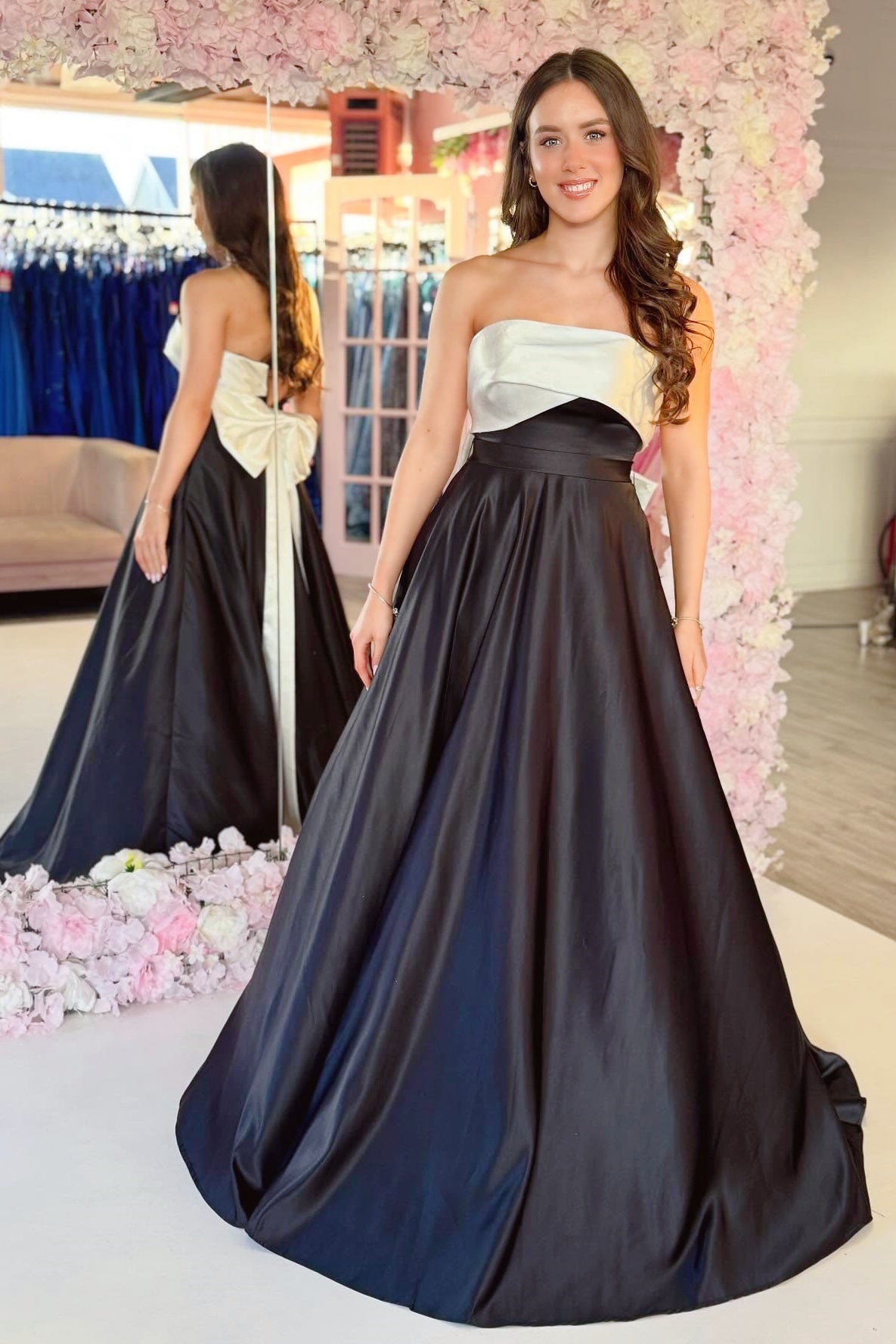 Tube Top Sleeveless Two Tone Satin Party Gowns Off-Shoulder Sleeveless A-Line Prom Dress