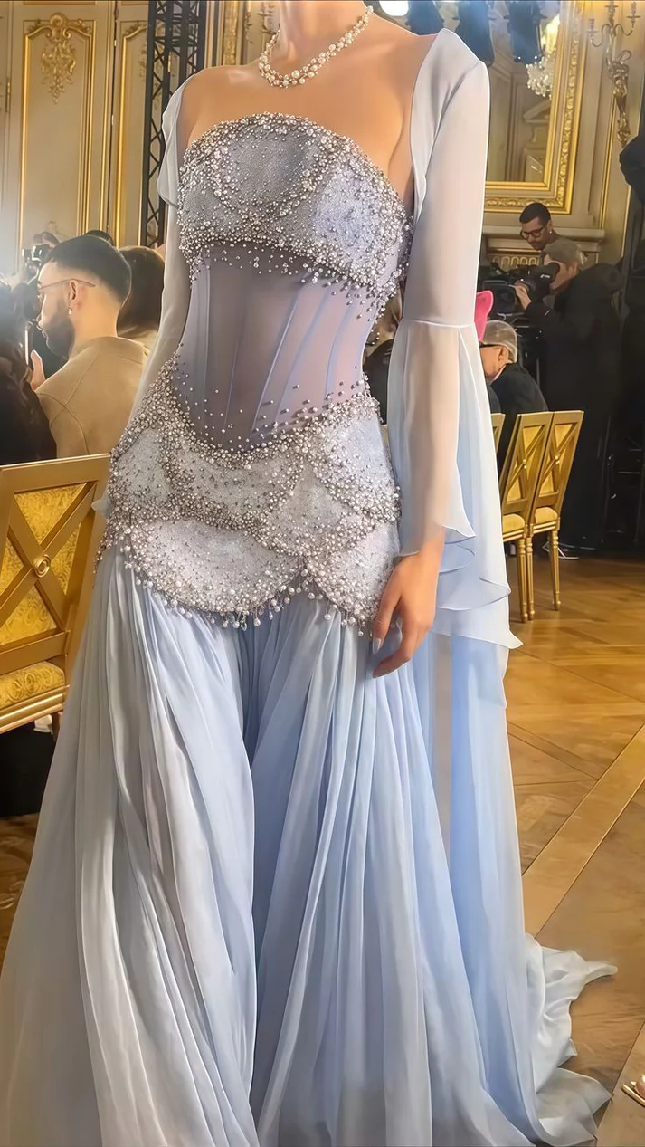 Sexy A Line Off The Shoulder Maxi Long Party Light Blue Chiffon Prom Dress