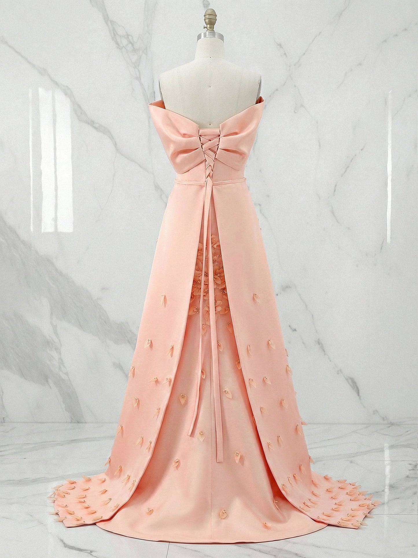 Elegant Peach Satin Off-the-Shoulder 3D Floral Prom Dress